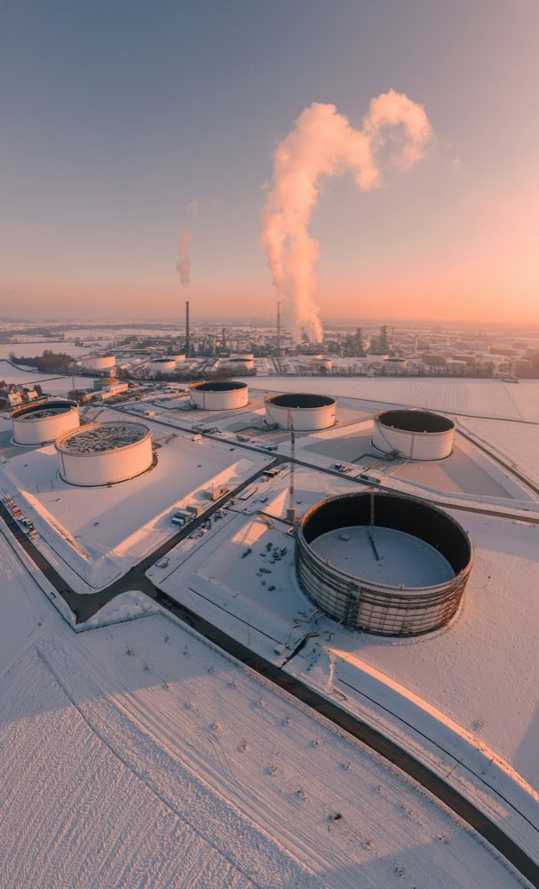 Storage tanks at a terminal on a winter morning