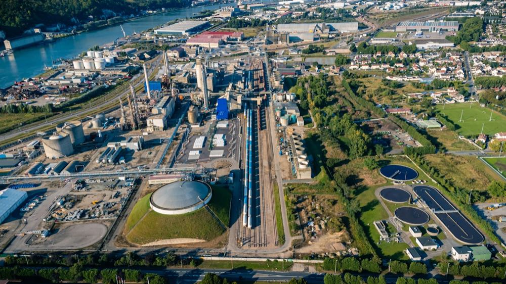 Aerial view of a terminal beside a waterway