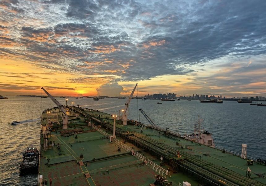 Deck of a tanker vessel at sunset