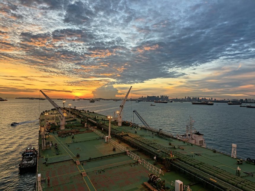 Deck of a tanker vessel at sunset